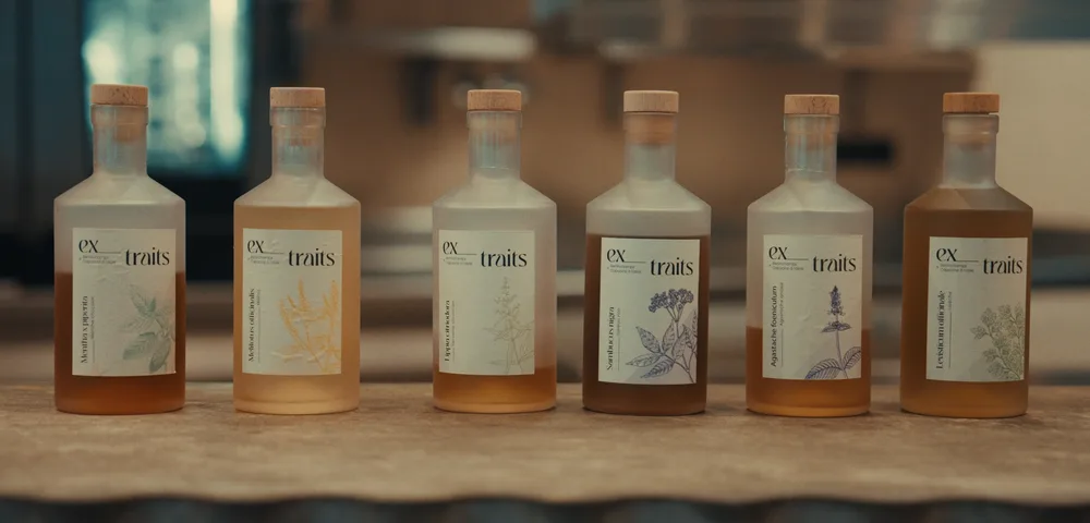 Six frosted glass bottles with cork stoppers stand in a row on a stone counter, each holding amber liquid and labelled "ex traits" with a different botanical illustration, in a softly blurred kitchen.