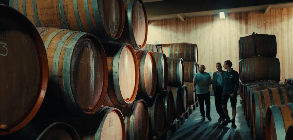 Trois personnes marchent dans une cave à vin entre des rangées de fûts en chêne empilés. L'éclairage chaud met en valeur les tonneaux. Ambiance professionnelle de chai.