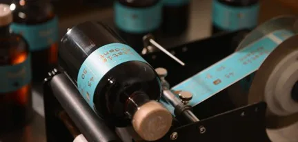 Machine à étiqueter appliquant des étiquettes turquoise sur des petites bouteilles en verre foncé, dans un atelier de production. Plusieurs bouteilles étiquetées visibles en arrière-plan.